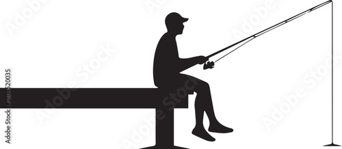 Silhouette of a man fishing from a pier with a long rod enjoying a peaceful hobby