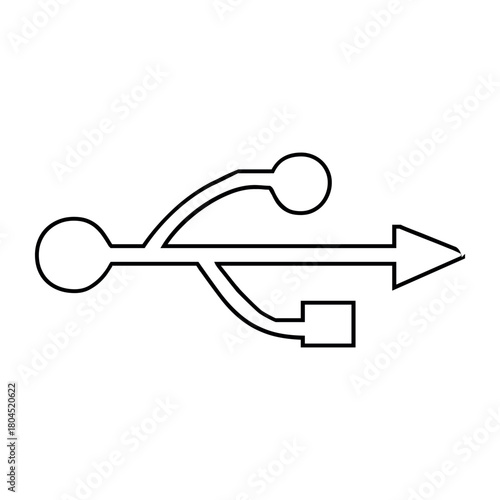 A simple black and white line drawing of a usb symbol on a white background in a horizontal position