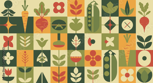 Retro vegetable garden pattern featuring carrots beets and peas vintage vector illustration for textile and wallpaper design
