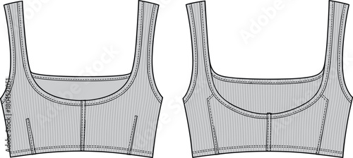 Sports bra technical fashion sketch front and back view, activewear apparel design, cad drawing flat vector illustration