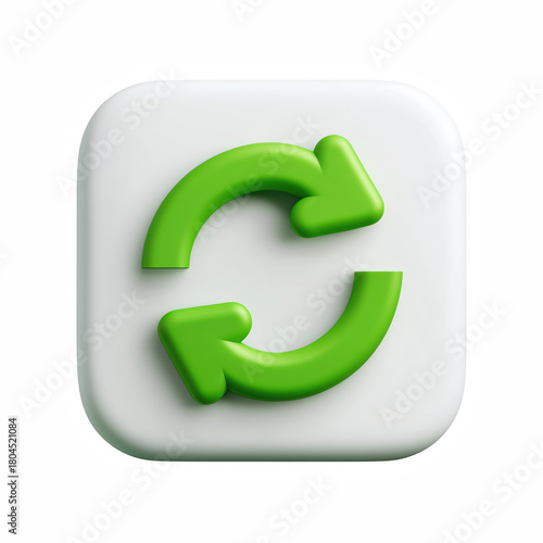 3D Green Refresh Sync Arrows Icon on White Rounded Square Button, Reload Update Symbol, Circular Rotation Loop Isolated on Transparent Background