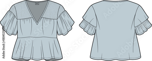 Women blouse fashion flat sketch with ruffle sleeve, peplum hem, cad drawing flat vector illustration