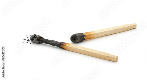 Burnt match and unused match isolated on white background, symbol of burnout and rest