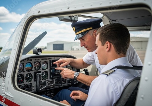 Two men, pilot and student, in a small aircraft cockpit, pointing at instruments on the dashboard. Flight training concept for aviation school.