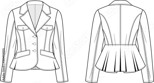 Women’s tailored blazer technical flat sketch, front and back view, fashion jacket CAD drawing vector illustration