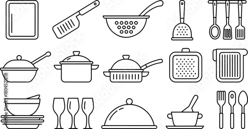 Kitchen utensils cookware icons set monochrome outline