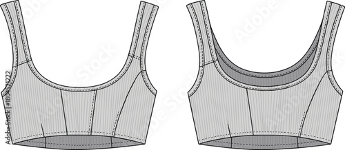 Sports bra crop top technical fashion flat sketch, ribbed fabric, front back view, CAD drawing flat vector illustration