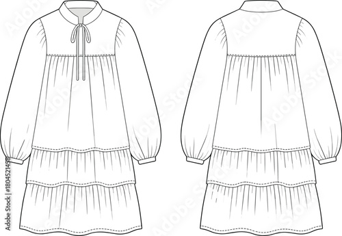 Women tiered puff sleeve dress technical fashion flat sketch, cad drawing vector illustration, apparel design template front back view