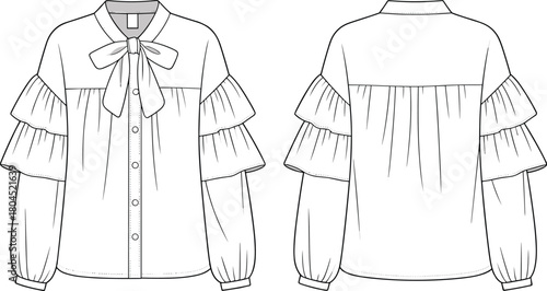 Women blouse technical flat sketch, bow tie neckline ruffle sleeve design, front back view, cad drawing flat vector illustration