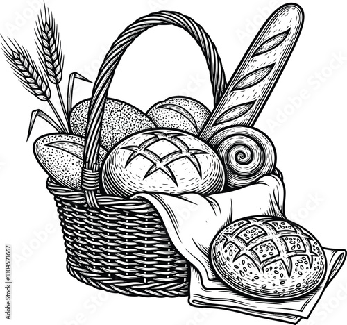 Basket of bread illustration vintage style bakery products drawing eps silhouette