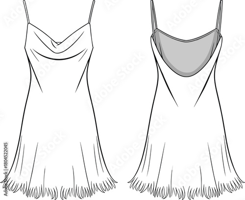 Sleeveless fringe dress technical flat sketch, draped neckline fashion design, front back view, cad drawing flat vector illustration