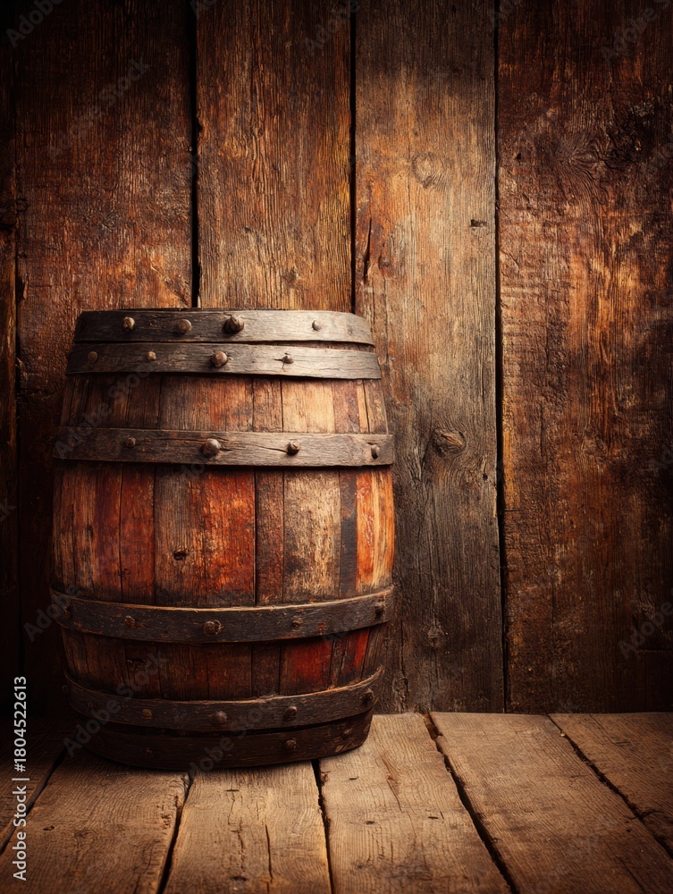 Fototapeta premium Wooden Wine Barrel Standing Against Rustic Barn Wall in Warm Tones at Farmhouse Setting
