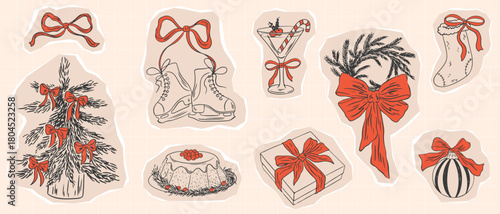 Cut out scrapbook Christmas paper stickers set. Retro vintage new year party. Vector torn craft paper shapes with funky texture, scrapbook doodle new year decor with whimsical bow and ribbons. 