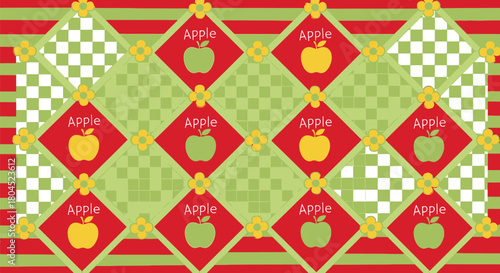 A repeating pattern of apples on a red and green background.