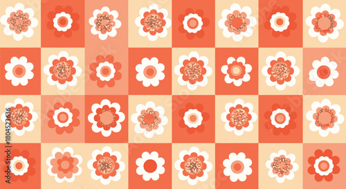 A repeating pattern of stylized flowers in shades of orange and beige creates a cheerful background.