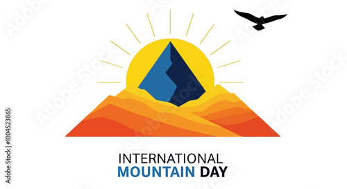 International Mountain Day Logo Vector Illustration with Mountains Sun and Bird Silhouette