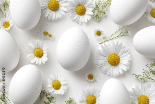 White eggs and daisies scattered on a white background, an ethereal, springlike composition