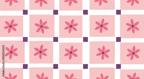 A repeating pattern of pink flowers on a light pink background with purple squares