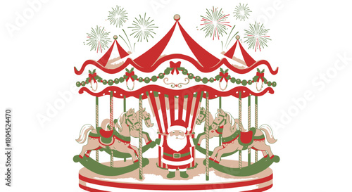 Santa Claus stands on a festive carousel decorated with garlands and fireworks.