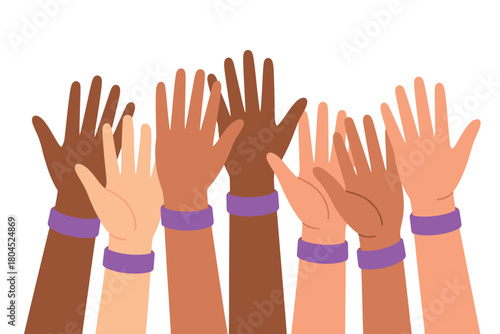 A group of diverse hands with purple bracelets are raised up.