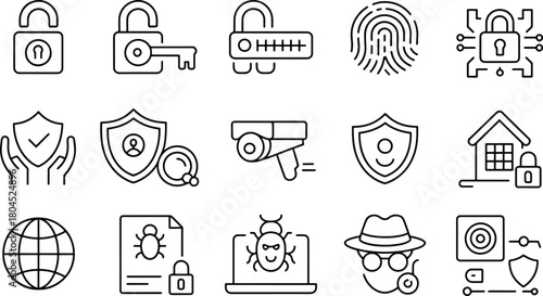 Security and Privacy Icons Set Thin Line Style