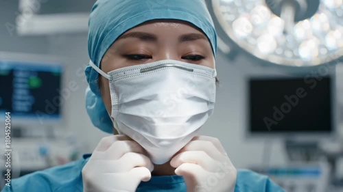 medico donna in sala operatoria indossa mascherina e guanti mentre prepara