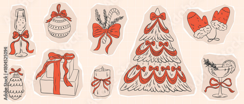 Cut out scrapbook Christmas stickers set. Retro vintage collage new year elegant paper decor kit with whimsical bow and ribbons. Vector torn craft paper shapes with funky texture for design collages