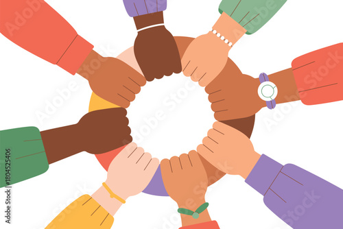 Diverse hands join together in a circle, symbolizing unity and teamwork.