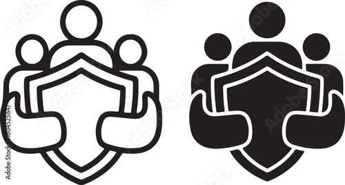 Group of abstract people icons embracing a shield, symbolizing collective security, teamwork, insurance, privacy, safety, and community protection. isolated on white background, Vector, illustration
