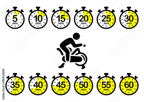 A silhouette of a person on a stationary bike is surrounded by stopwatches showing intervals from 5 to 60 minutes.