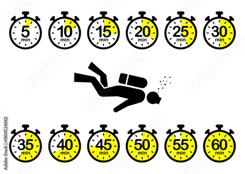 Illustration of a scuba diver with timers marking 5 to 60 minutes, symbolizing diving time, underwater limits, and dive duration tracking.