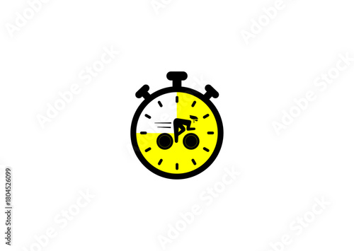 Minimal stopwatch icon with a cyclist inside the dial, symbolizing timed cycling, interval training and speed tracking on a clean white background.