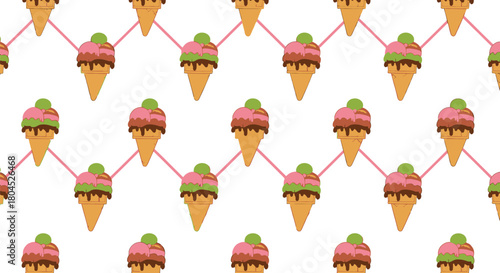 A seamless pattern of ice cream cones is displayed on a white background with pink lines.