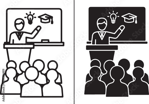 Educator leading a lecture or presentation to an audience, symbolizing learning, innovation, and academic success in a graphic design element isolated on white background, Vector, illustration