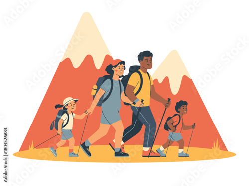 A family goes hiking together through a mountainous landscape.