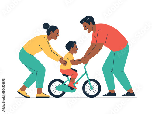 Parents help their child learn to ride a bicycle with confidence and joy.