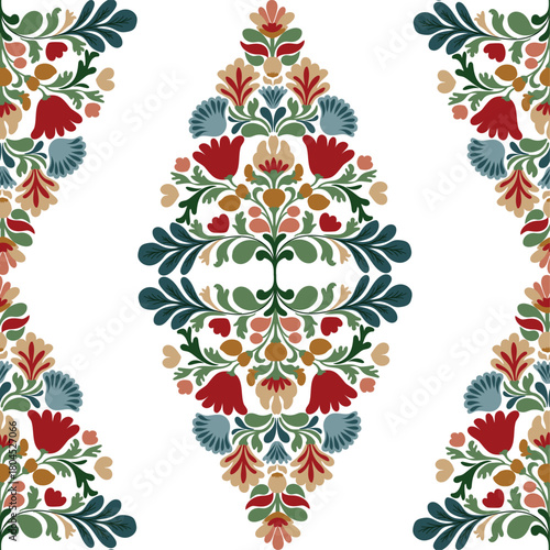 Seamless vector pattern with Christmas folk motifs on a white background. Decorative festive texture with traditional symbols, perfect for holiday prints, wrapping paper, fabric, and seasonal design.