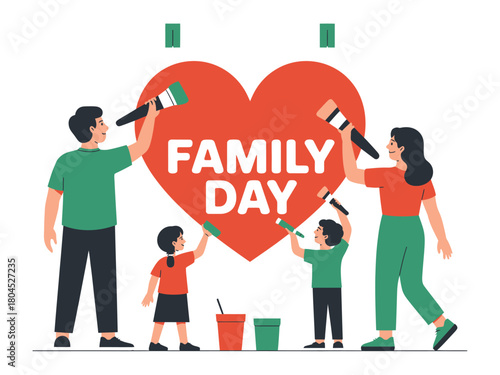 A family paints the words "FAMILY DAY" on a large red heart.