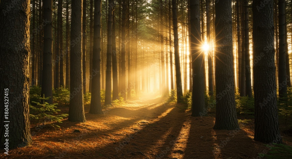Fototapeta premium Sunlight shining through the trees in a forest creating a beautiful landscape