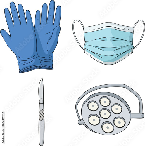 Medical equipment and protective gear for healthcare professionals including blue gloves, surgical mask, scalpel, and overhead light on a clean white background.