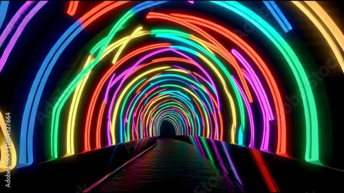 Futuristic Neon Light Tunnel Journey Through a Psychedelic Wormhole.