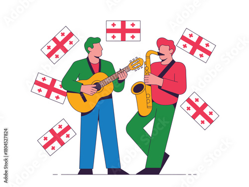 Two musicians play instruments surrounded by Georgian flags in an illustration.