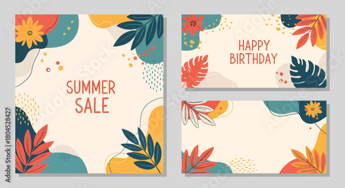 Summer sale and happy birthday card design with floral elements.