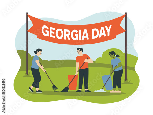 People participate in a Georgia Day cleanup event with a banner overhead.