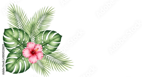 Tropical leaves and hibiscus flower arrangement.