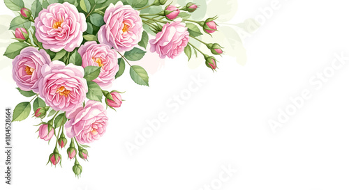 Watercolor illustration of pink roses with green leaves and buds in the corner.