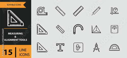Fifteen measuring and alignment tools outline icons isolated on white background