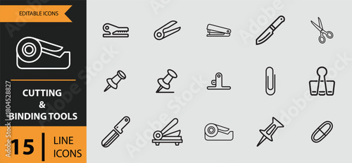 Outline icons for cutting and binding tools isolated on white background