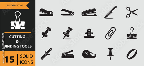 Collection of fifteen cutting and binding tools icons isolated on white background