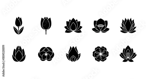 A set of ten black flower icons in various stages of bloom, including tulips and lotus flowers.